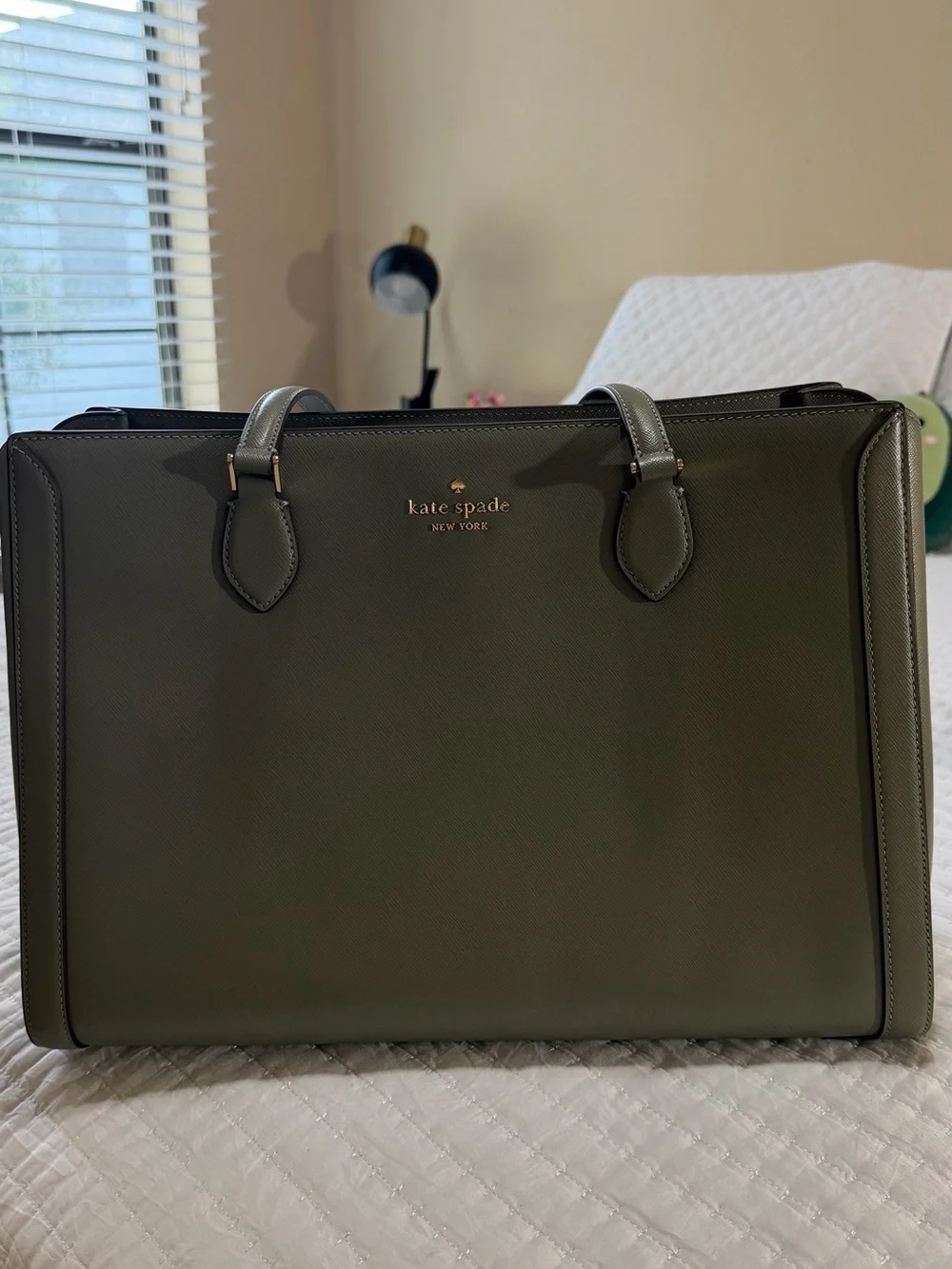 Kate Spade olive green leather tote with gold logo